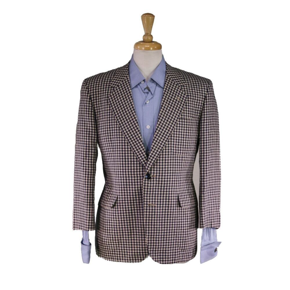 Custom Made Trussardi Linen Navy/Cream Gingham Check Blazer Jacket 38S